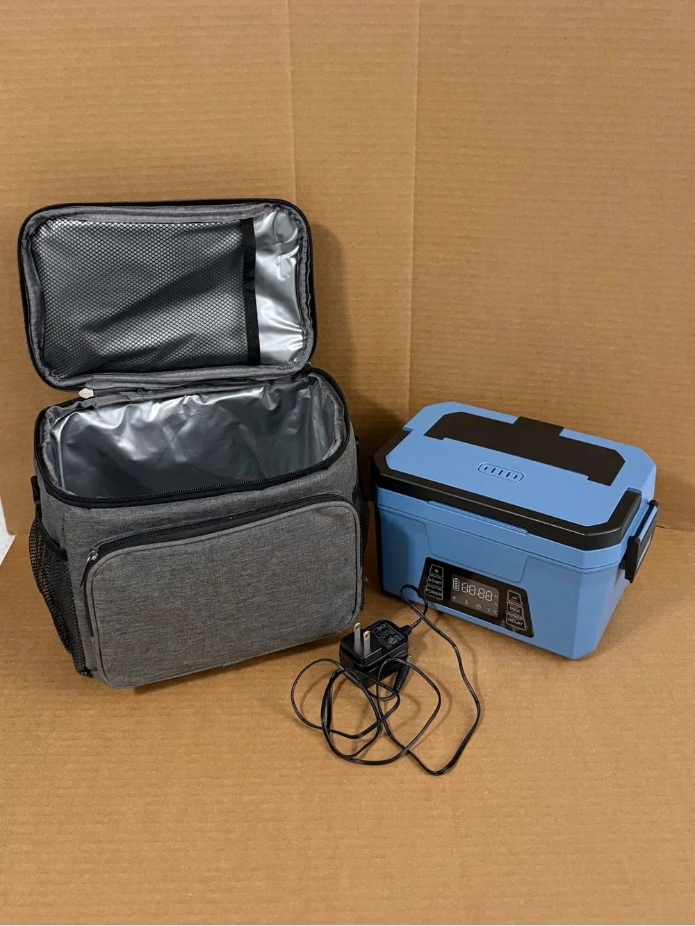 Portable Blue Travel Heated Lunch Box with Digital Control and Gray Carry Bag